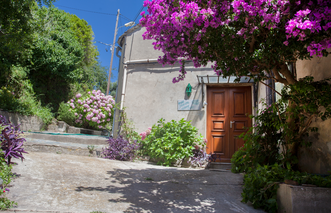 Corsica: dove alloggiare? Sul piccolo piazzale, circondato da piante ornamentali e in fiore (tradescanzie rosse, ortensie, buganvillee, gerani), si apre il portone d'ingresso della Maison Simonpietri.